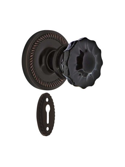 Rope Rosette Mortise Lock Set with Colored Fluted Crystal Glass Knobs Black in Timeless Bronze.